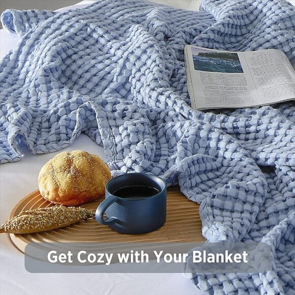 COTTON Waffle Weave Bamboo Blanket King Size Navy Soft Lightweight Bed Blanket - Picture 4 of 6
